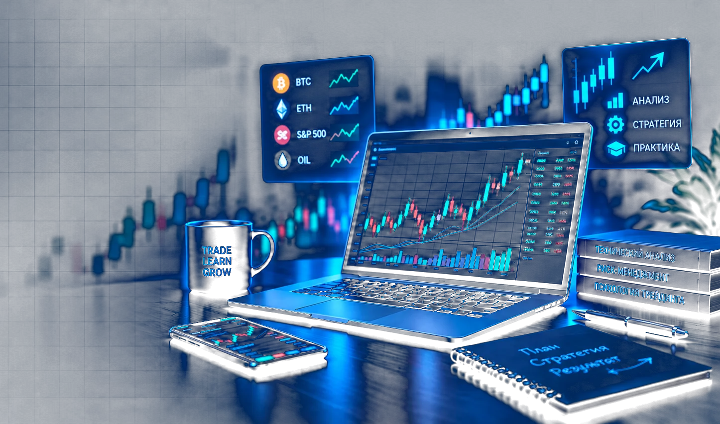 Рабочее место трейдера: график на ноутбуке, рынки BTC, ETH, S&P 500 и нефть, книги по техническому анализу и риск-менеджменту