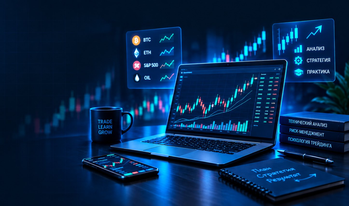 Рабочее место трейдера: график на ноутбуке, рынки BTC, ETH, S&P 500 и нефть, книги по техническому анализу и риск-менеджменту